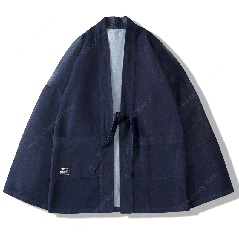 

Men's Loose Fit Vintage Wash Denim Kimono Cardigan Japanese Haori Style Retro Jacket