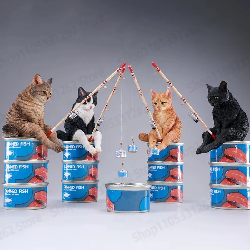 Cat Figurine Kitten Fishing Tin Can Resin Composite Material Desk Decoration Model