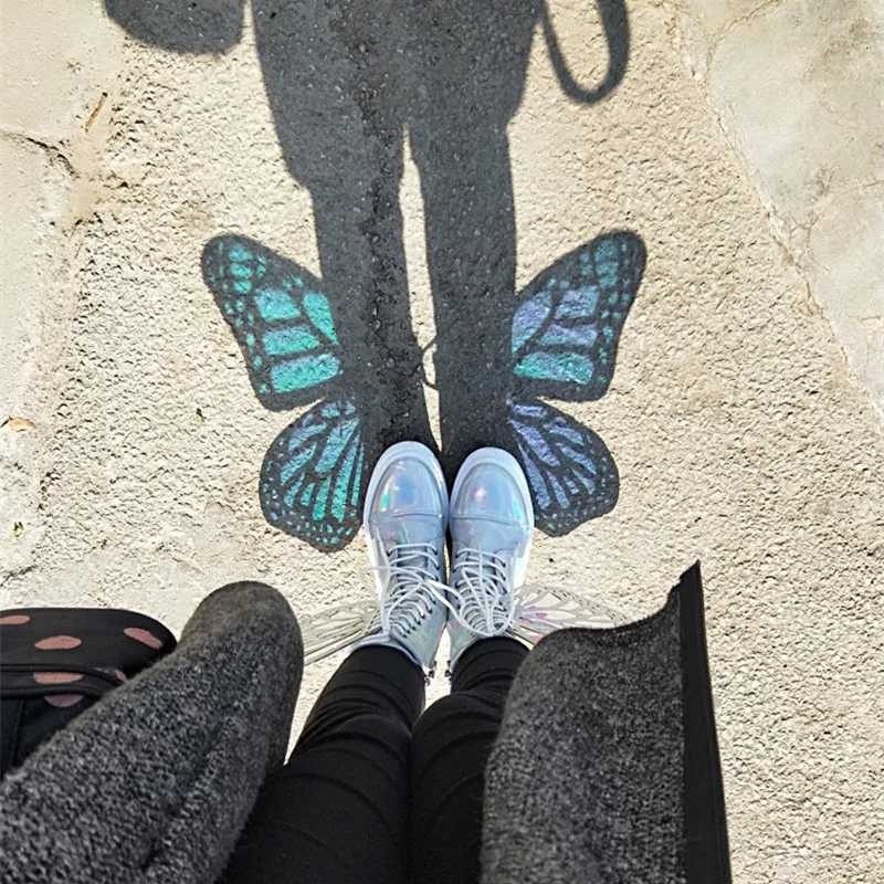Butterfly Wings Women Shoes Shine Silver Leather Flat Sneakers Lace Up Women\'s ankle boots high-top Leisure Platform Shoes 2024