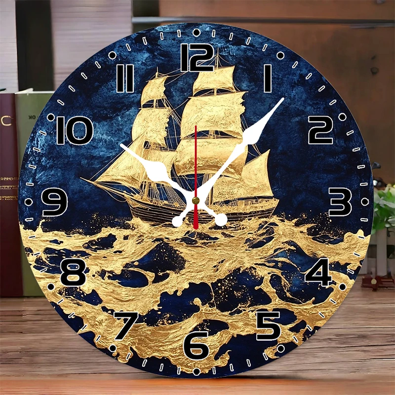 ساعة حائط معلقة خشبية مستديرة صامتة على شكل سفينة ذهبية، مناسبة لغرفة المعيشة والمكتب وغرفة الدراسة وغرفة النوم وديكور المنزل #1