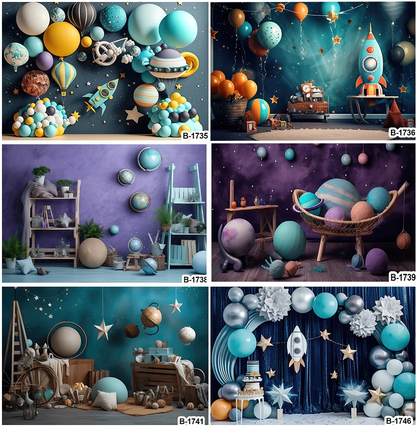 

Newborn Birthday Party Backdrops Universe Planets Boy Kids Cake Smash Children Portrait Balloons Rocket Stars Backgrounds Banner