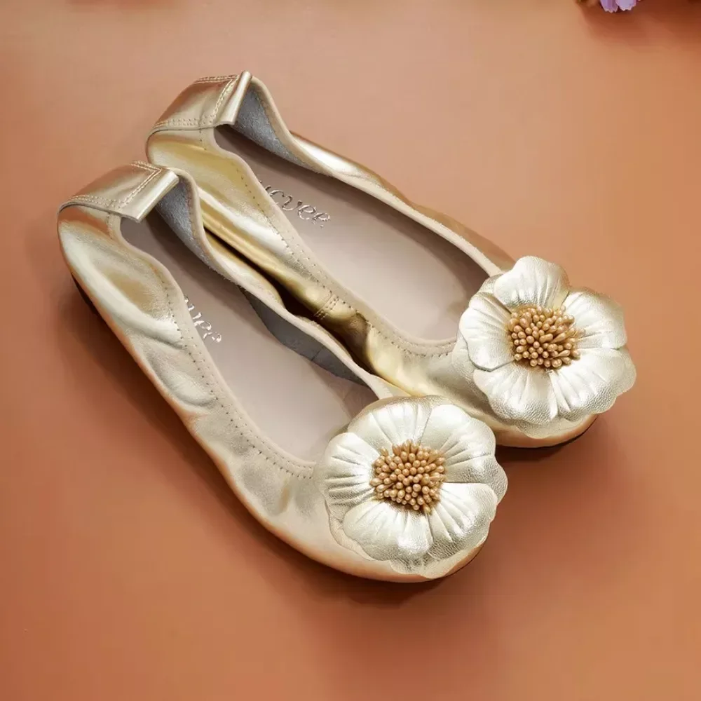 2024 New Summer Women Cutouts Genuine Leather Shoes Comfortable Flower Flats Nurse Casual Handmade Ballet Flats Gold Silver