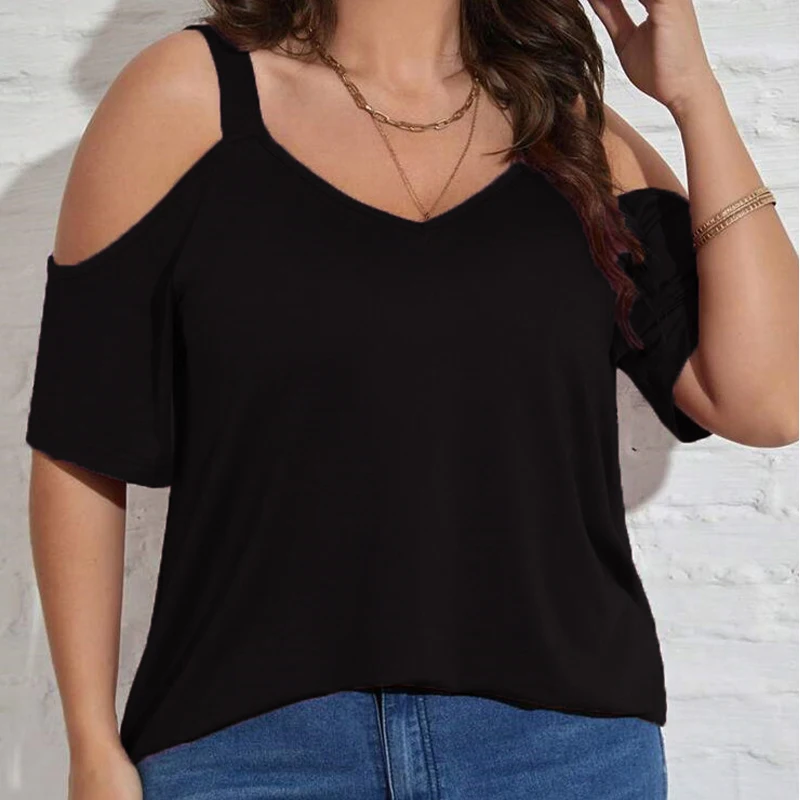 Plus size one piece solid color off shoulder plus size women' s T shirt short sleeve suitable for home leisure comfortable an