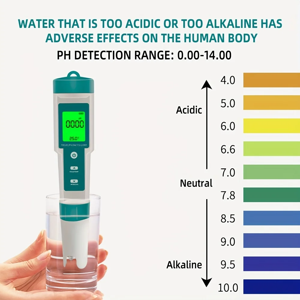 7-in-1 Professional Water Quality Analyzer - Accurately Measures PH, ORP, EC, Temperature, Salt, SG, and TDS with LCD Display