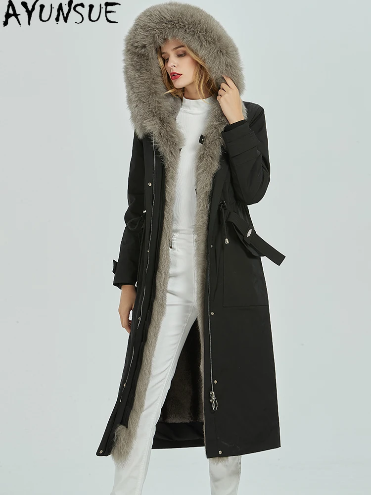 AYUNSUE 리얼 모피 파카 여성 렉스 토끼 라이너 분리형 따뜻한 겨울 의류 중간 길이 트렌치 코트 여우 모피 칼라
