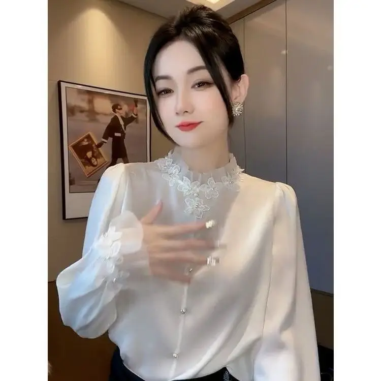 High End Mesh Semi High Neck Shirt for Women in 2023 SpringNew Style with Socialite Temperament, Long Sleeved ShirtWhite Tops