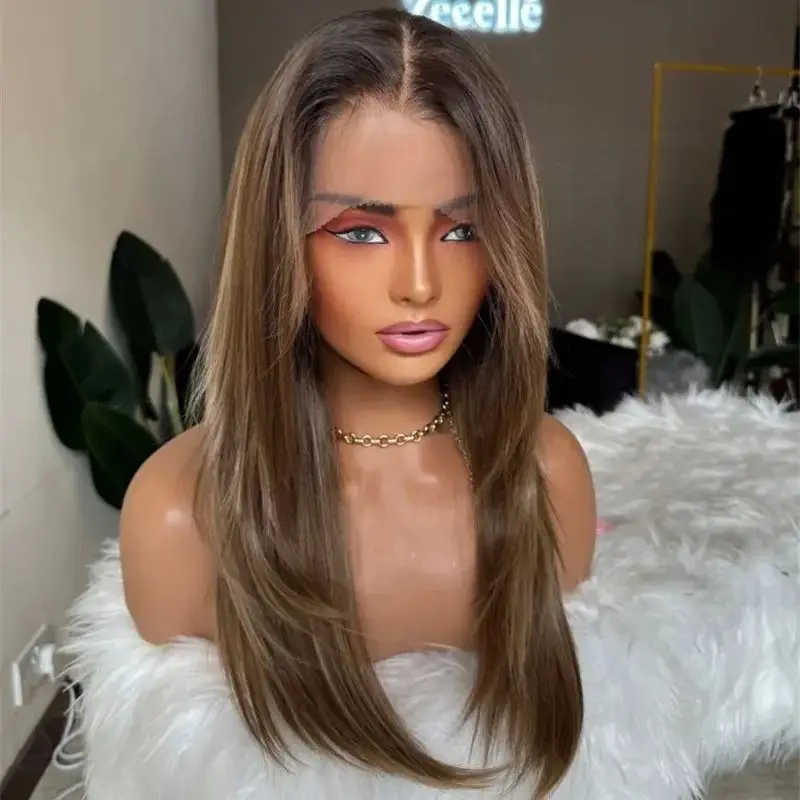 Layered Straight Hair Wig Ombre Blonde Brown Highlights Synthetic Heat Friendly HD Lace Front Wig Invisible Transparent Lace