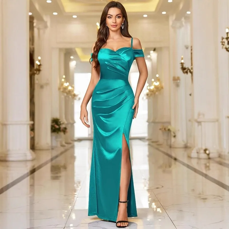 Zipper Slit Gown Maxi Length Private Celebrity Style with Date Long Length Cut Out Party Dress Off Shoulder Slit Dress for Women