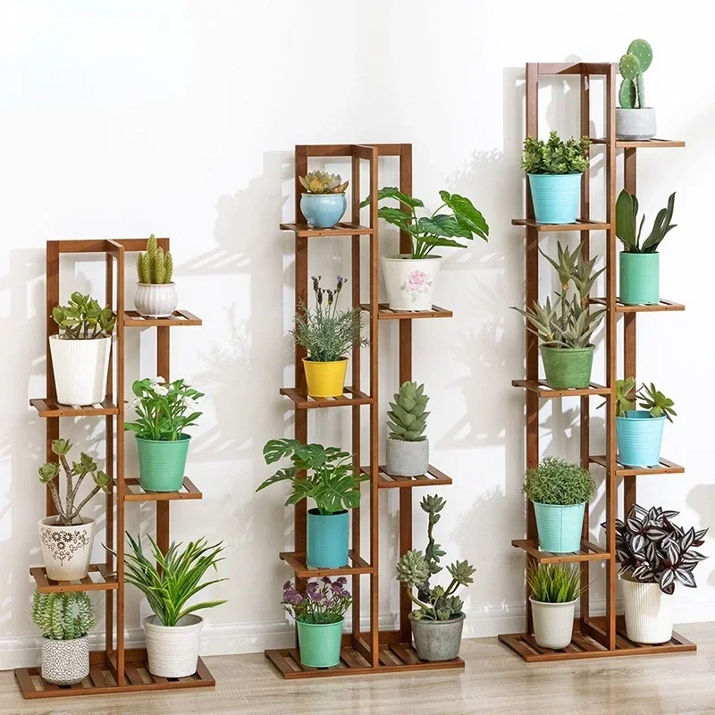 Soporte para jardín y balcón, estante de almacenamiento de flores de bambú saludable, estantes para plantas con soporte de carga fuerte multicapa,