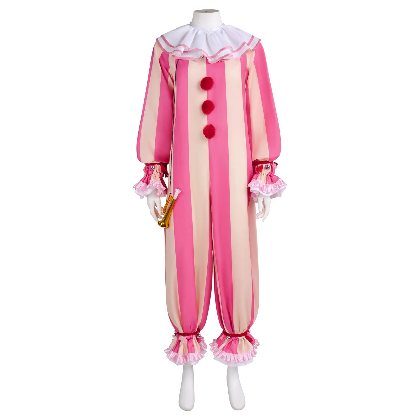 

Adult Playful Circus Clown Cosplay Pink Striped Jumpsuit Men Women Costume Halloween Carnival Disguise Fancy Outfits