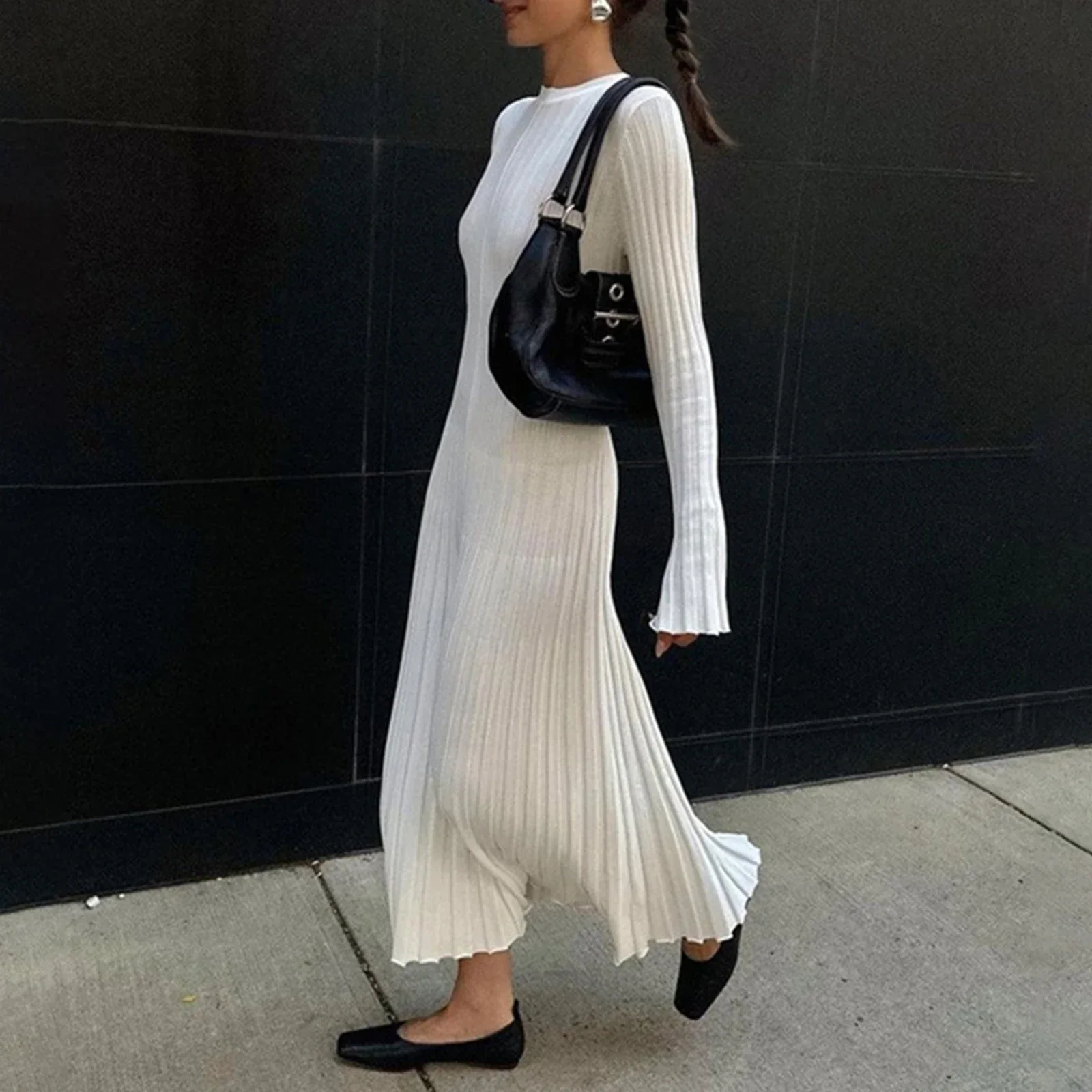 

90s Vintage Tie Waist Dress Women Knit Dress Fashion Long Sleeve Crew Neck Ribbed Solid Fall Long Dress Streetwear Vestidos