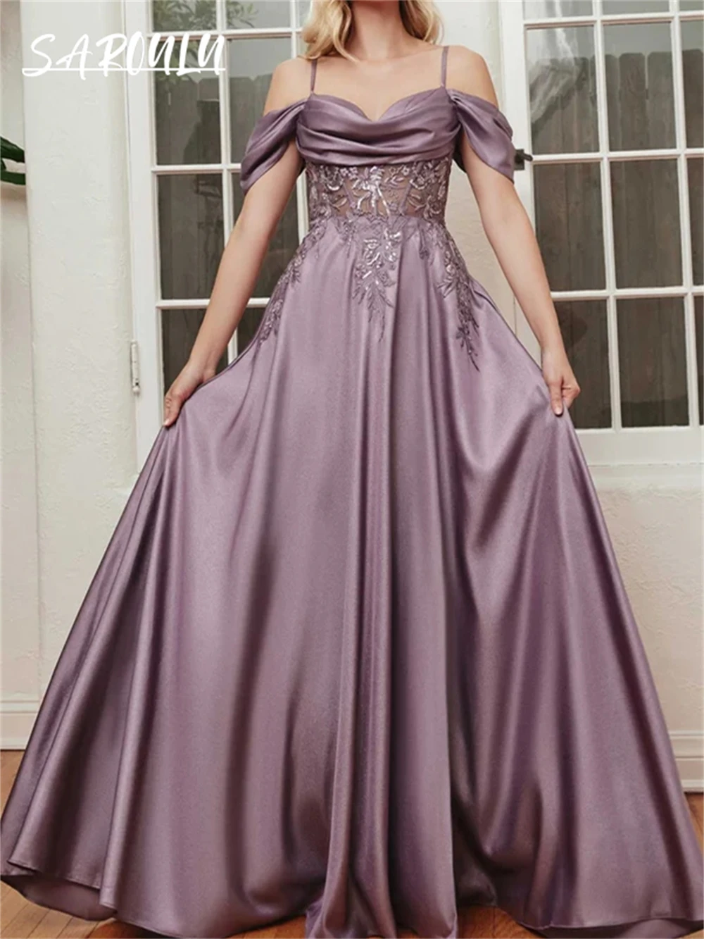 A Line Satin Prom Dress With Spaghetti Straps With Lace Illusion waistline Evening Dresses Occasion Party Gown