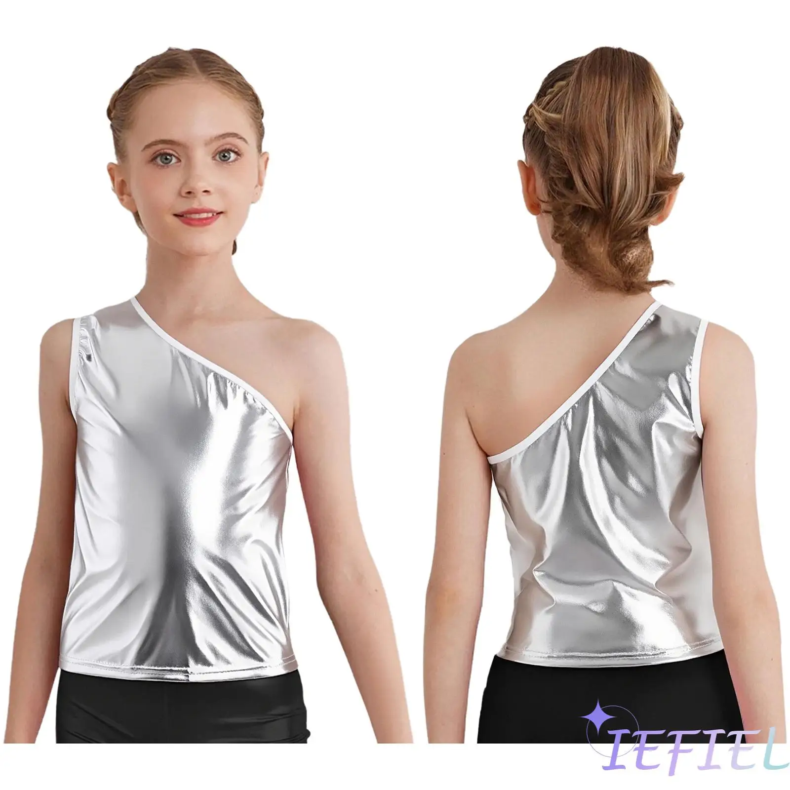 سترة تشجيع معدنية للأطفال البنات بكتف واحد بدون أكمام، ملابس رقص الجاز، ملابس رقص الهيب هوب والجاز الأنيقة