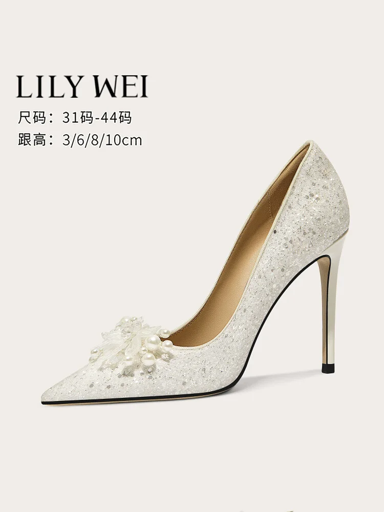 

Spring new white sequin pearl crystal flower low-heel wedding shoes thin high-heeled banquet large size small size women's shoes