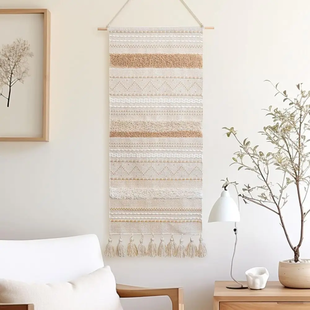 

Cream Boho Farmhouse Tapestry, 16x39, Handcrafted Vertical Wall Art with Tassels for Home Decor
