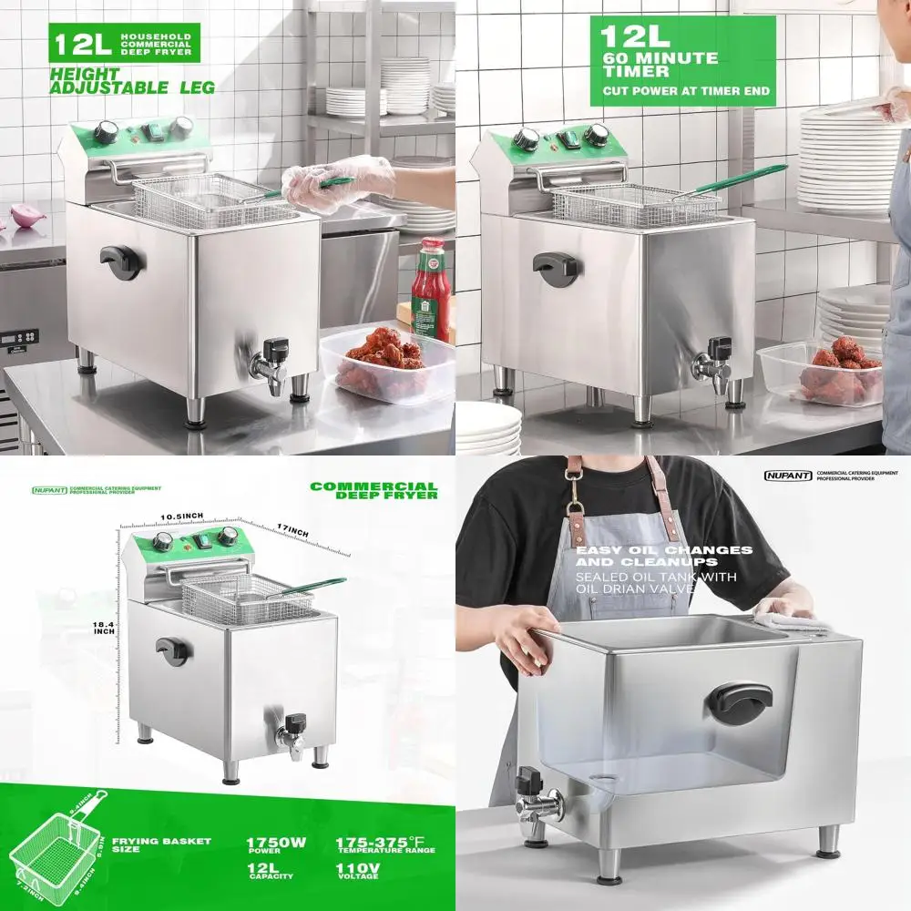 

12L Stainless Steel Commercial Electric Deep Fryer with Basket, Lid, Oil Filter, and Timer for Home & Restaurant, 110V 1750W