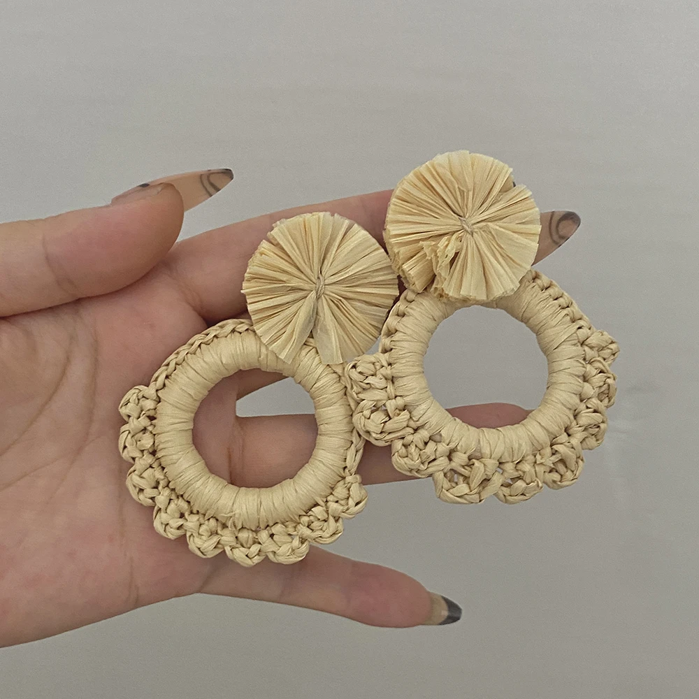Lifefontier Retro Handmade Braided Raffia Beaded Geometric Drop Earrings For Women Summer Fan Shaped Wooden Earring Jewelry 2024