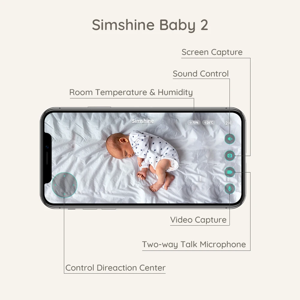 Simshine Baby 2 Smart Baby Monitor with Breathing Detection Covered Face Alarm Sleep Tracking PZT Follow 2K Nanny Camera