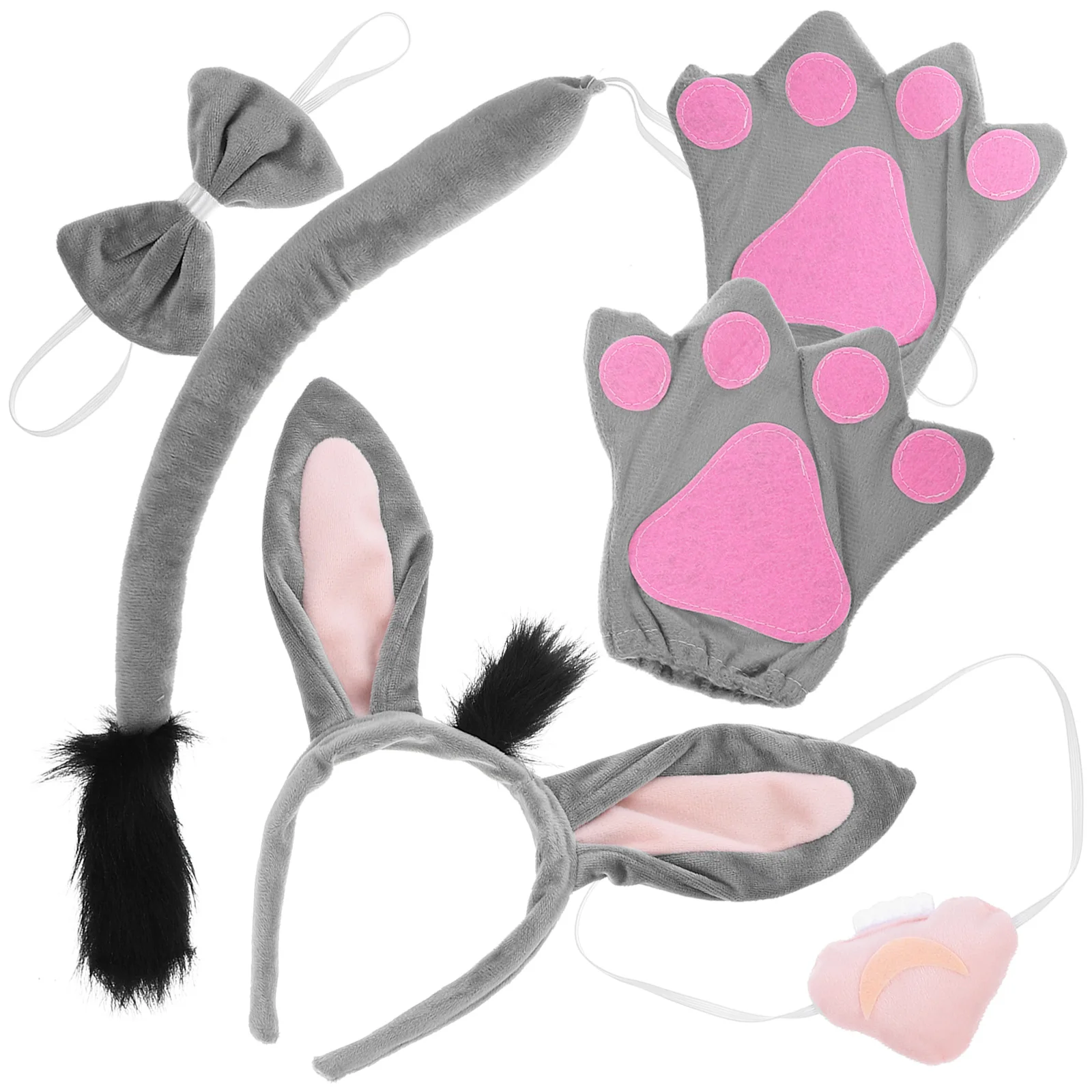 

4pcs Donkey Costume Set Soft Gray Animal Ear Headband Tail Gloves for Halloween Cosplay Dress Up Party Accessories