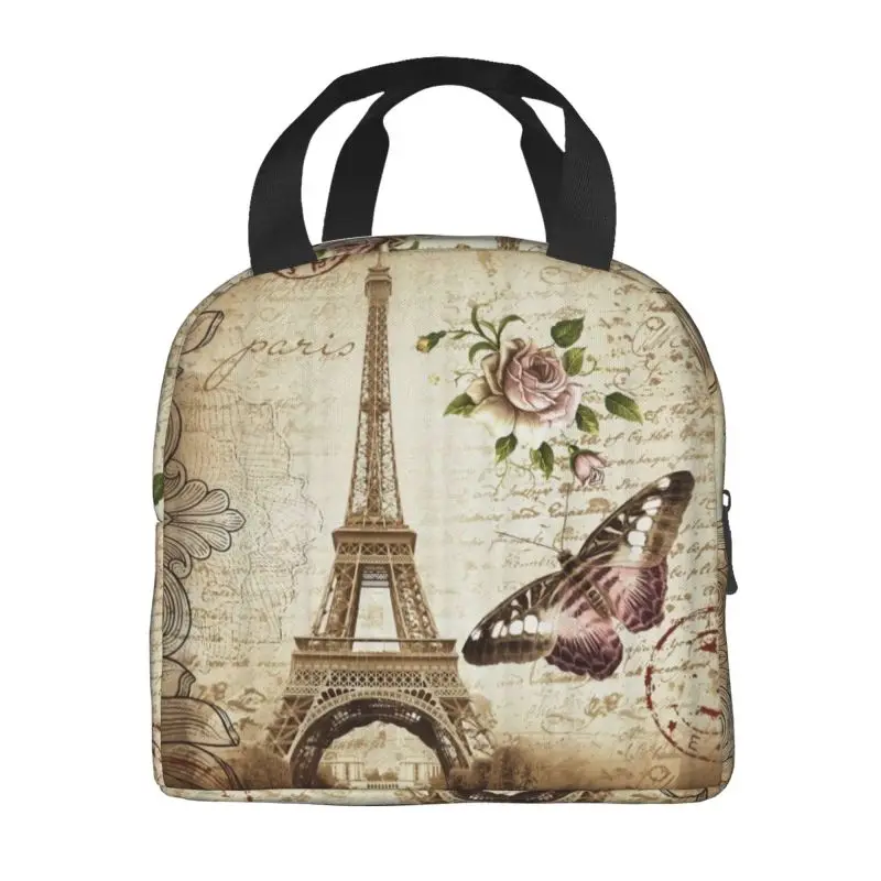 France Paris Eiffel Tower Thermal Insulated Lunch Bag Flower Pink Portable Lunch for Work School Travel Multifunction Food Box