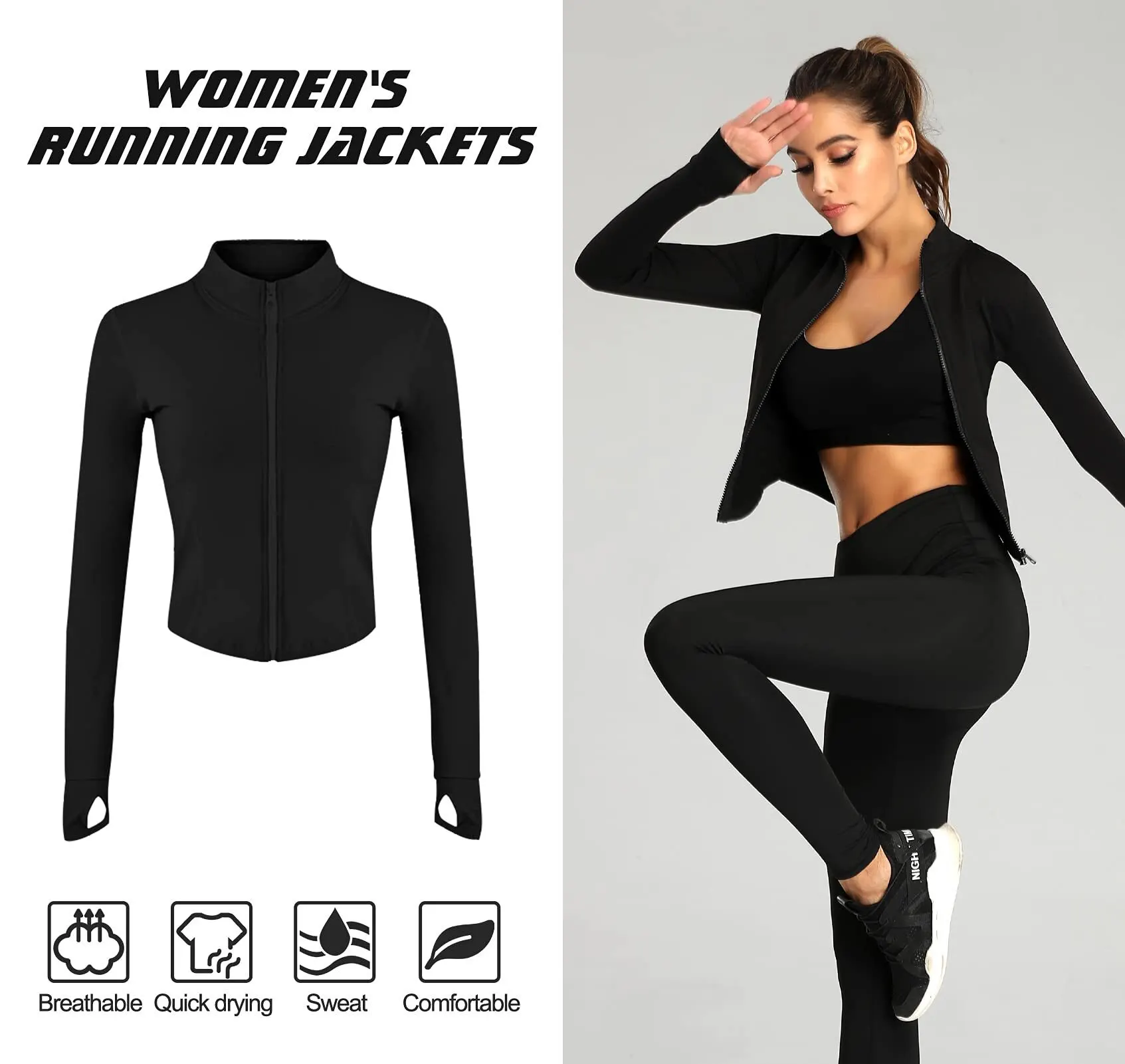 Fato de treino de mangas compridas Slim Fit para mulheres, casaco fitness, tops de ioga com buracos, jaqueta de ginástica, moletons de treino