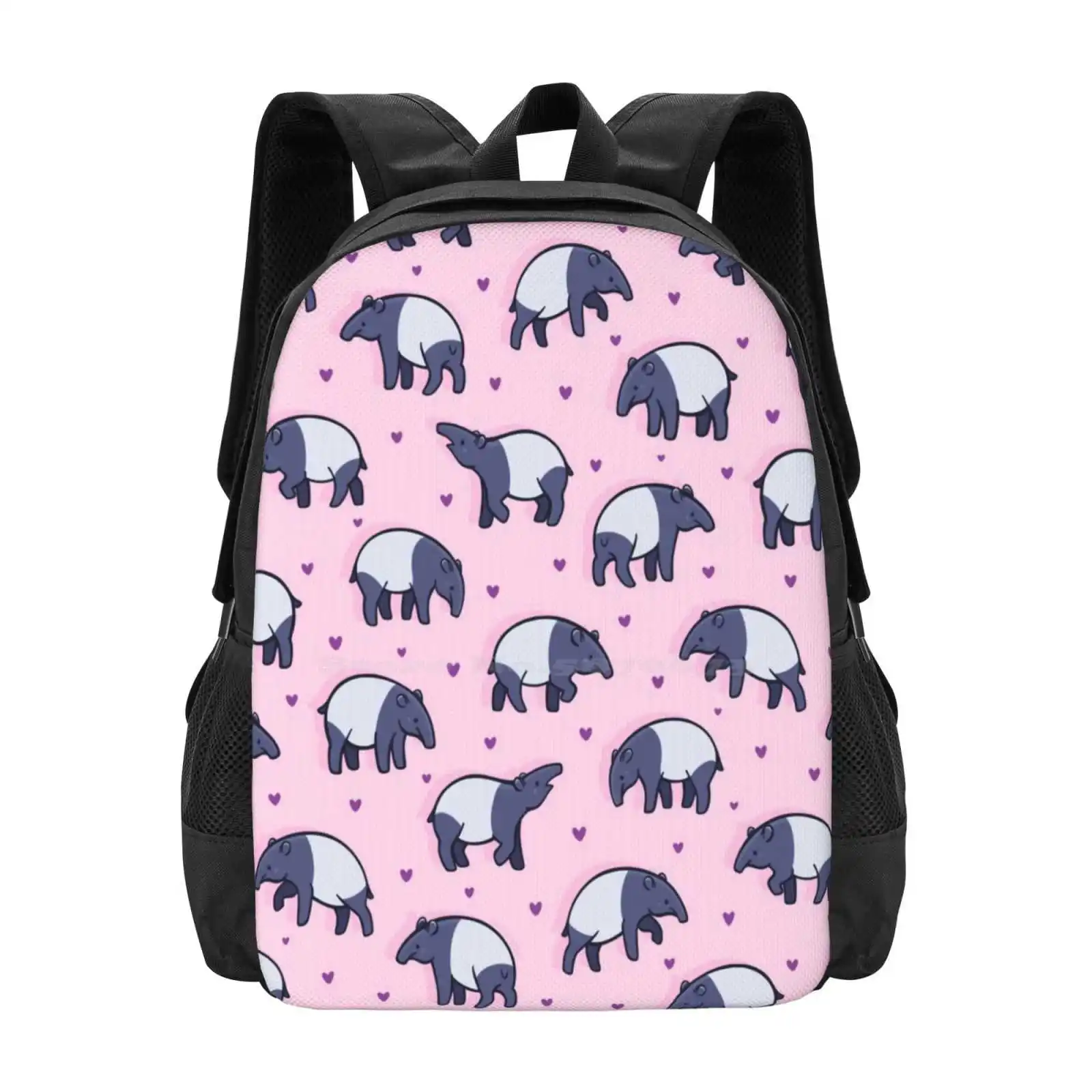 Tiny Tapirs School Bags Travel Laptop Backpack Tapirs Patterns Cute Cartoon Animals Pink Hearts Tapirus