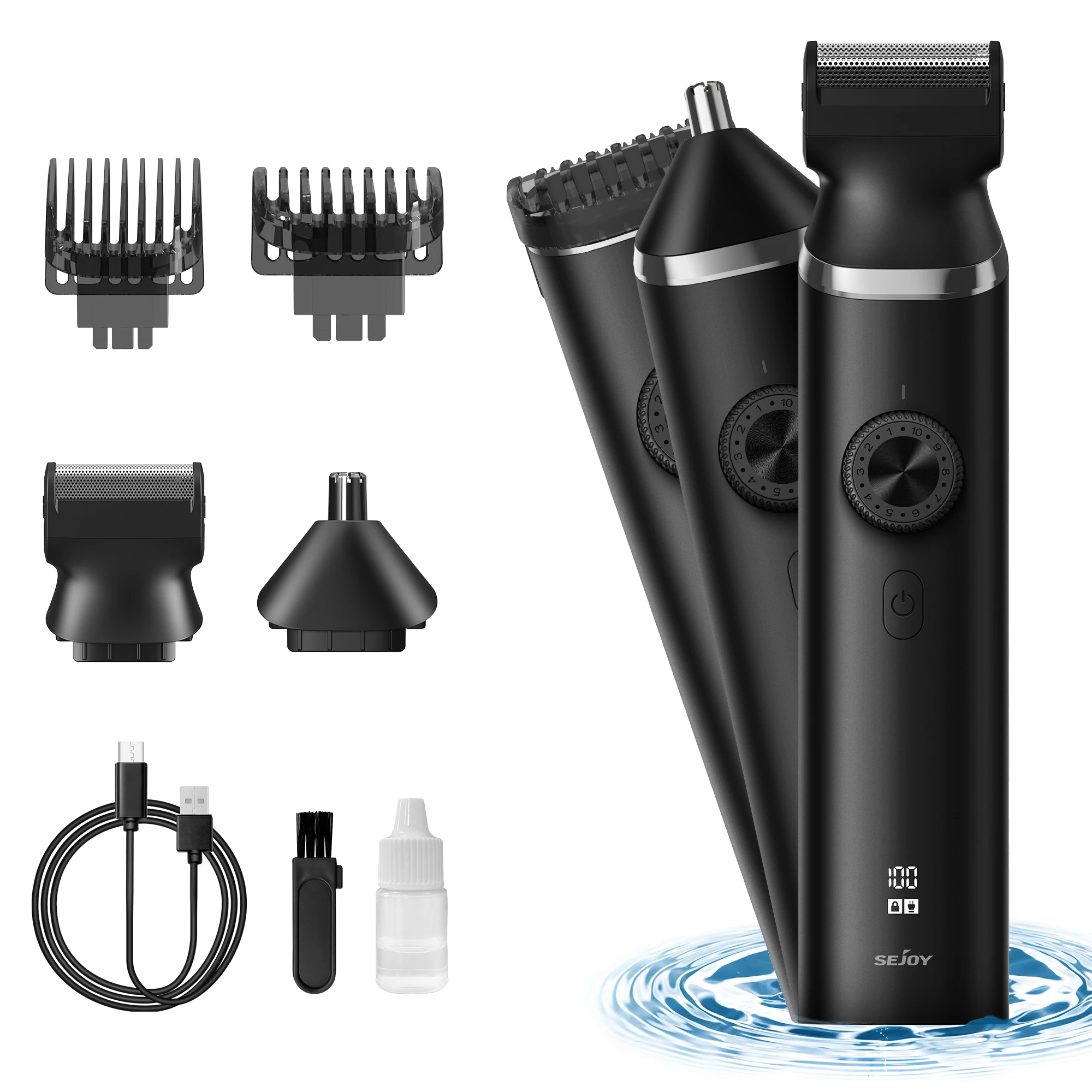 Sejoy Electric Hair Trimmer for men 3 in 1 Shaver Razor Cordless Hair Clipper Rechargeable Nose Hair Trimmer with LED Display