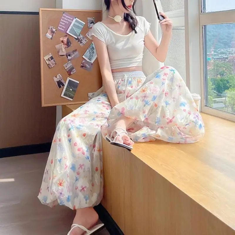 Sweet and Lovely Student Flower Pants New Women's Loose Straight Leg Pants Fashionable Girls' Casual Wide Leg Pants Versatile