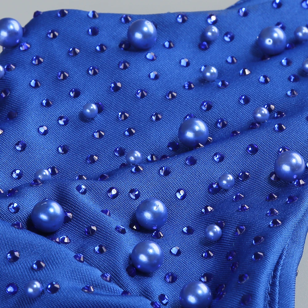 Mini abito slim sexy con ritaglio blu con dettagli in strass – Clubwear estivo da festa increspato a maniche lunghe