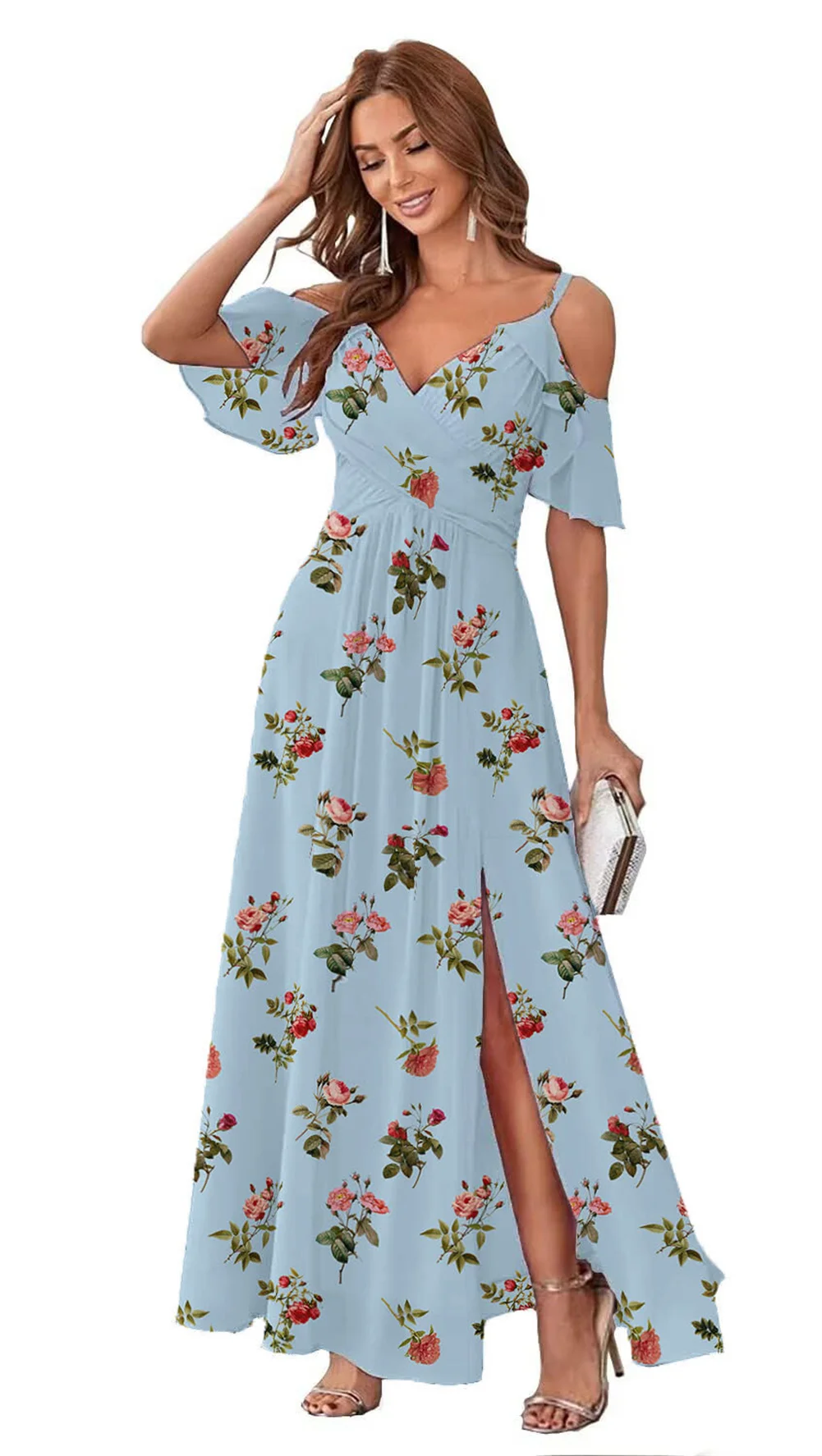 

Customized Off Shoulder V Neck Chiffon Bridesmaid Dresses For Wedding With Slit A Line Printed Rose Florals Prom Evening Dresses