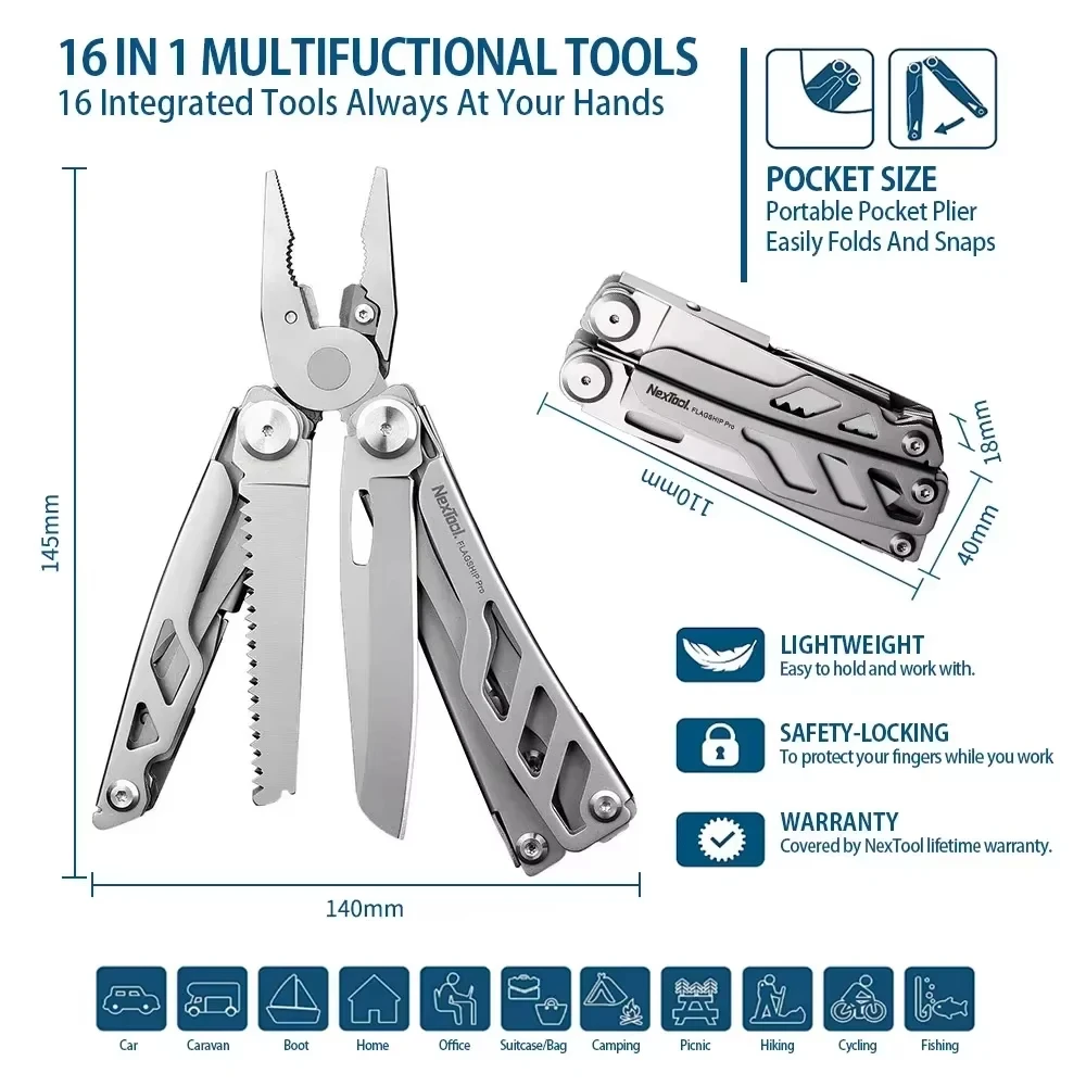NexTool Flagship Pro Multi-strumento 16 in 1 Pinza pieghevole Coltello tascabile Strumenti multifunzionali EDC Multiutensile tattico da campeggio all'aperto