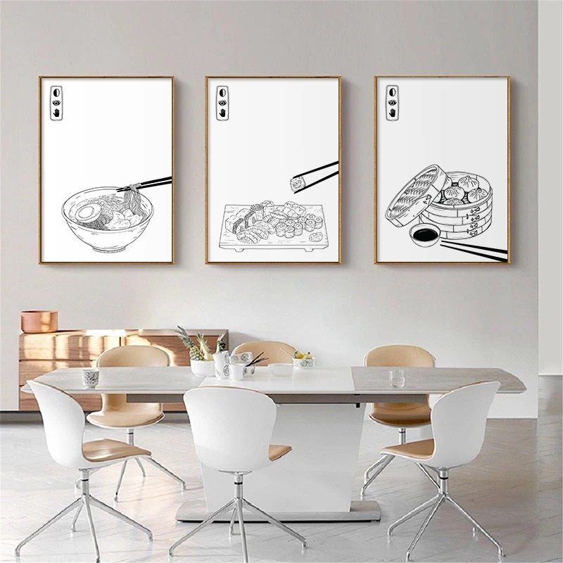 Póster de comida en blanco y negro e impresión de fideos japoneses, pintura en lienzo, imagen artística de pared para decoración de sala de estar y restaurante
