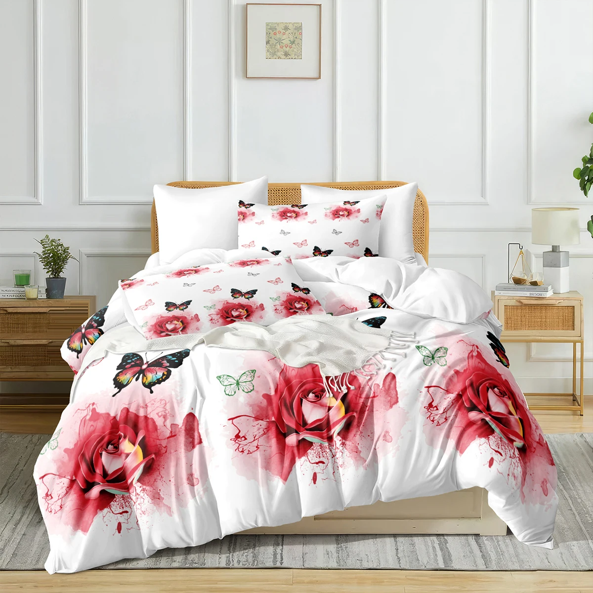 Butterfly Comforter Bedding Sets Girls Floral Duvet Cover Set Red Pink Flower Beddings Cover Set Soft Microfiber Home Decor Gift