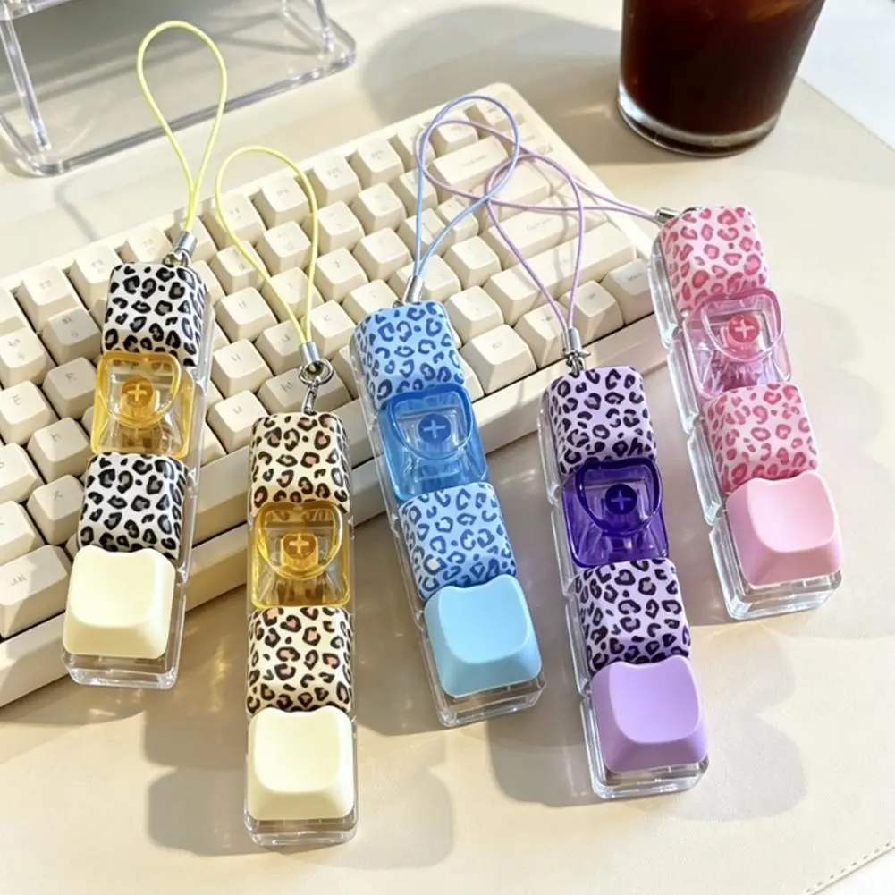 Leopard Print 4 Key Mechanical Keychain Portable Sensory Clicker Keycap Pendant Stress Relief Desk Gadget Bags Charm Pendant