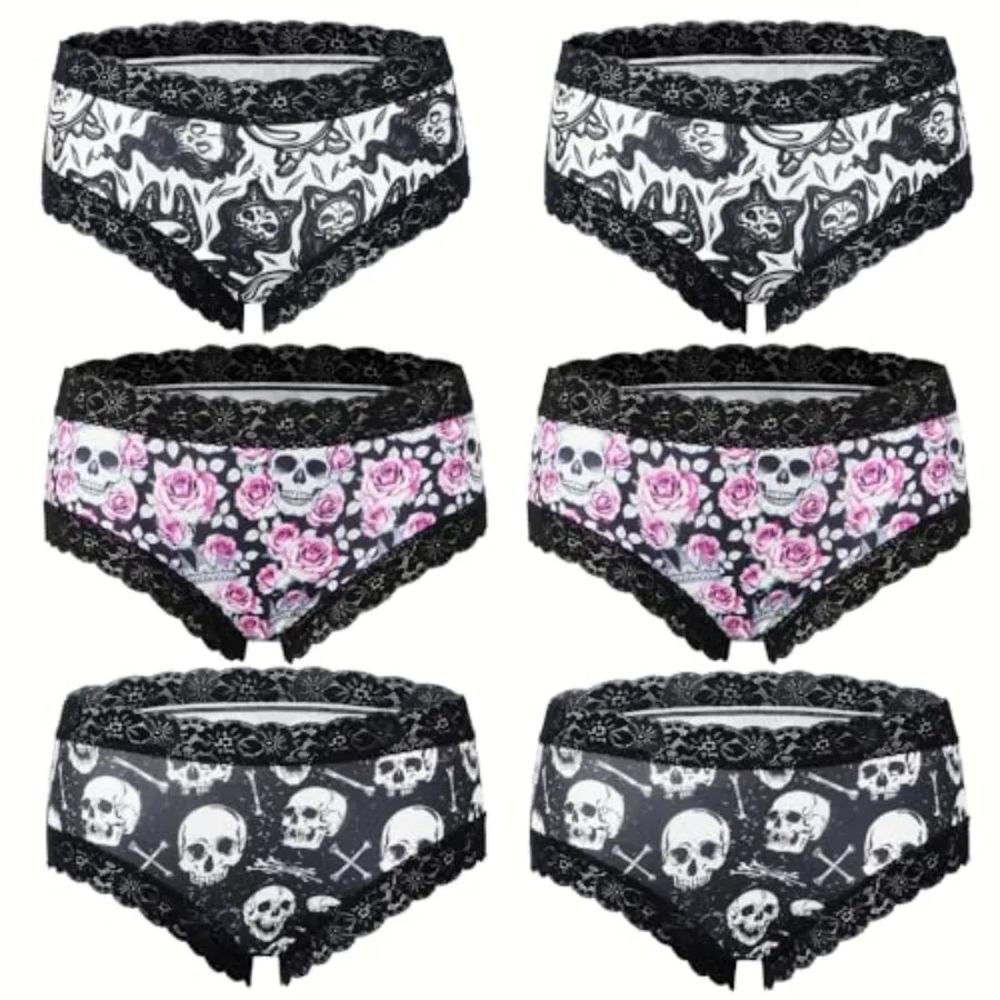 

6-Pack Gothic and Cute Cheeky Panties for Women - Skull Lace Underwear Set