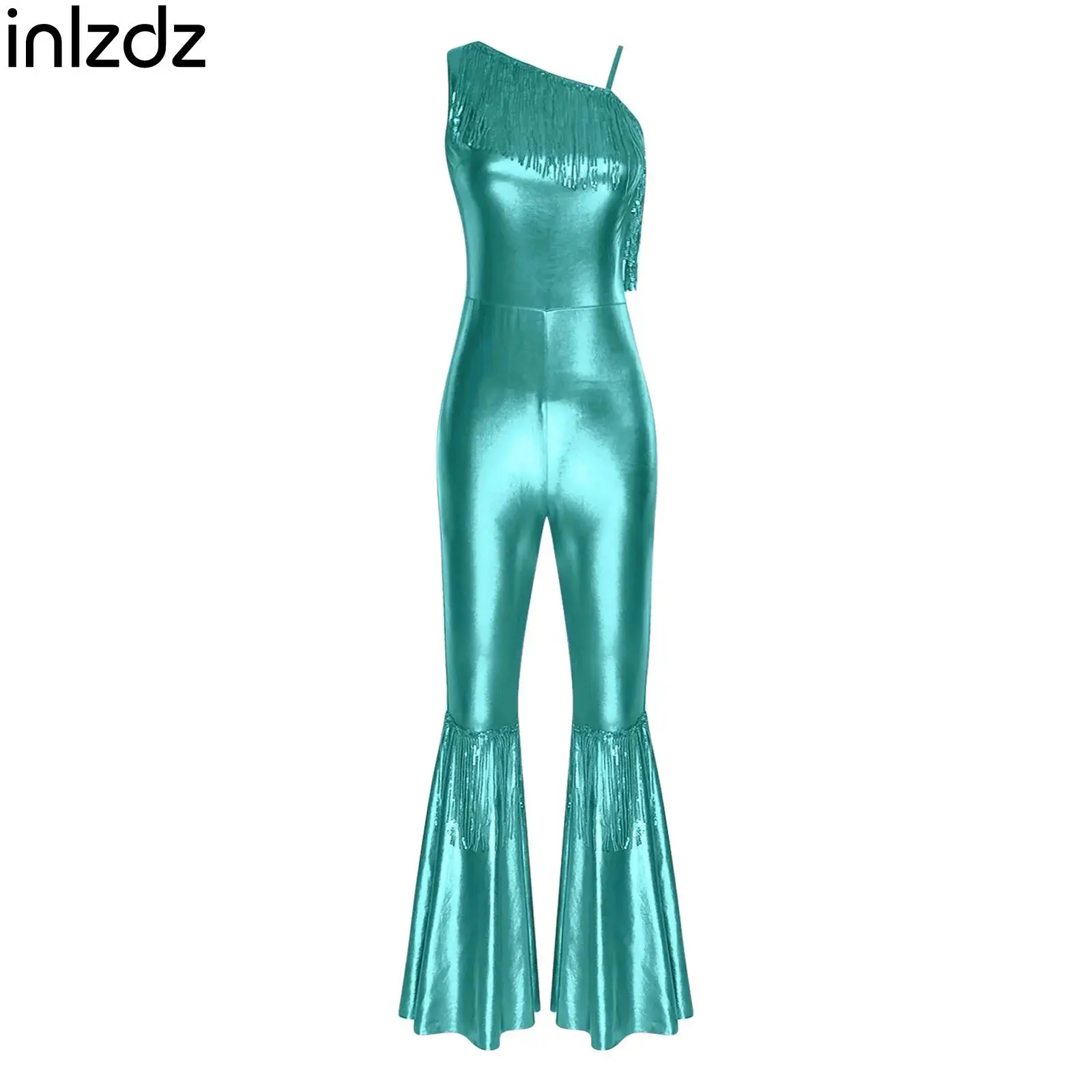 

Women's Carnival Shiny Metallic Jumpsuit Vintage 70s Disco Dance Costume Jazz Dancewear Tassel One Shoulder Long Pants Jumpsuit
