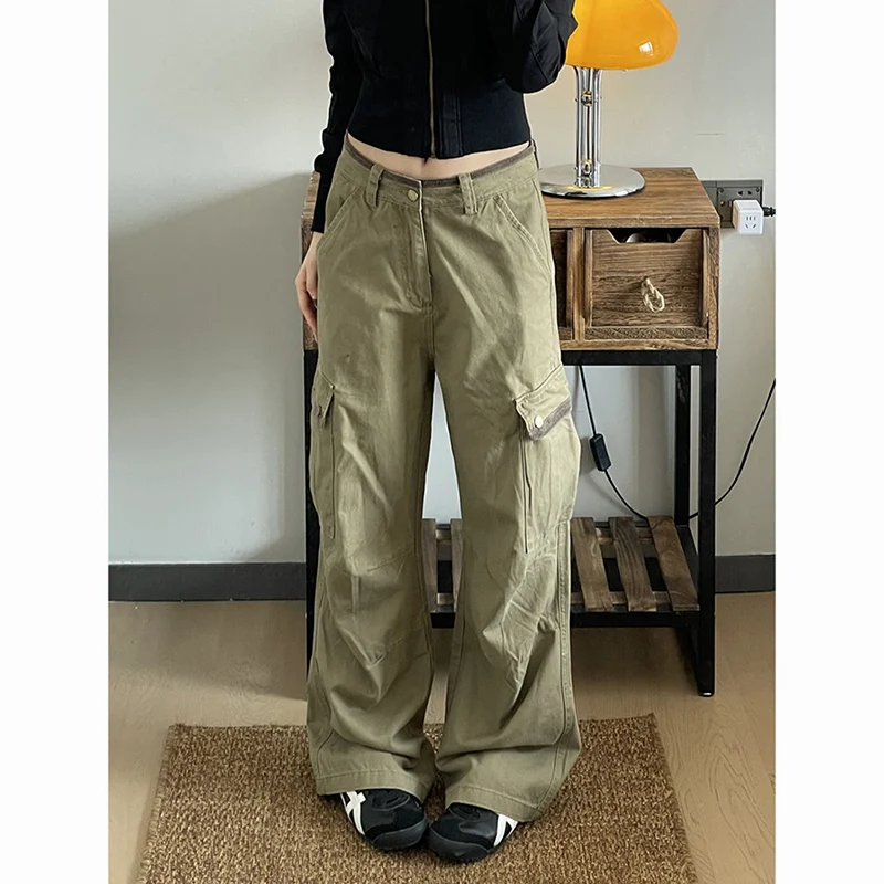 Novo baggy cáqui calças de carga moda feminina multi bolsos drape perna larga jeans mulher outono inverno japonês rua calças femininas
