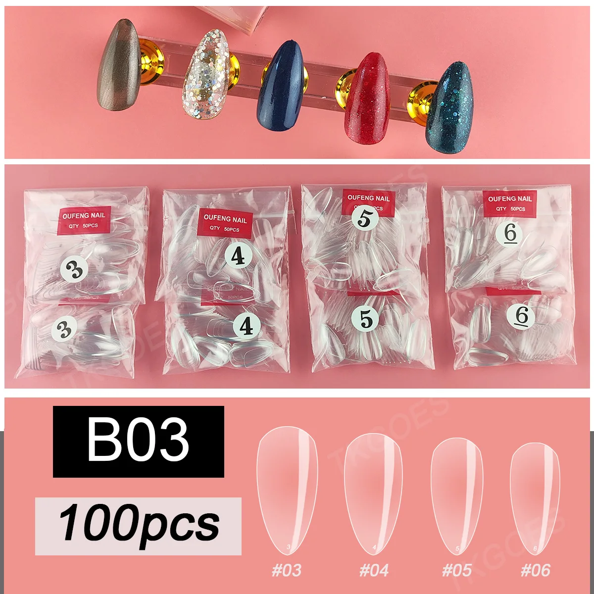 B03 pontas de unhas falsas em forma de amêndoa média tamanho único 100 peças tamanho 3 4 5 6 esmalte de arte falsa desenho de design de exibição