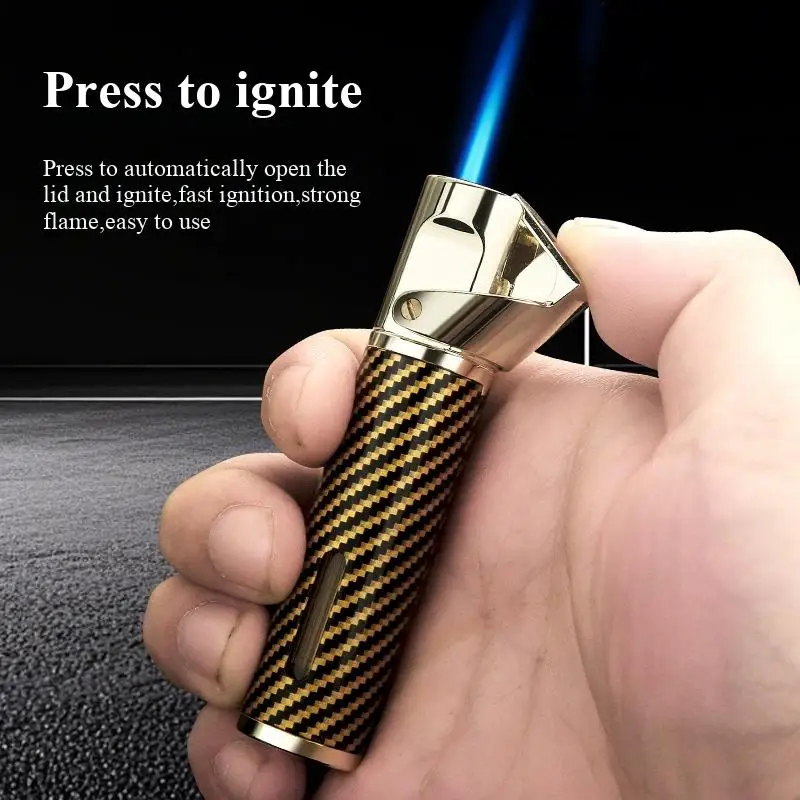 

Portable Cigar Tool Set Windproof Direct Charge Blue Flame with V-shaped Cigar Scissors Metal Material Cigar Lighter Men's Gifts
