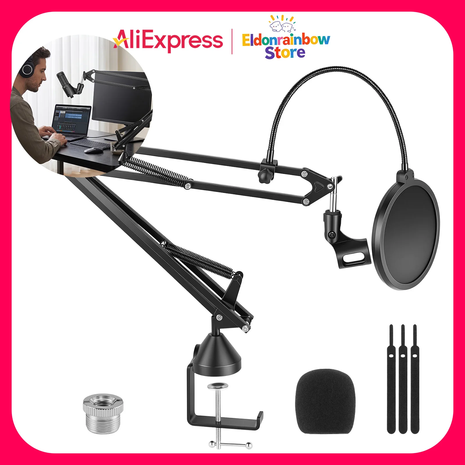 Professionelles Mikrofon-Gelenkarm-Stativ Komplettset 360° °   Verstellbarer 2KG Tragkraftadapter mit Pop-Filter-Mikrofonkappe für Blue Yeti Snowball Podcast Streaming Gaming
