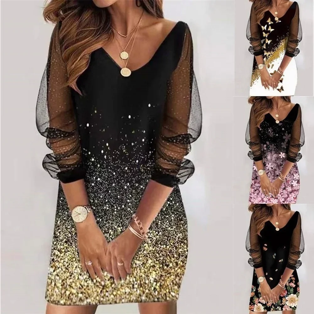 Vestido de talla grande para mujer, vestido informal elegante, línea A, cinturón de Metal, estampado de mariposa, recorte, manga larga, encaje, cuello en V