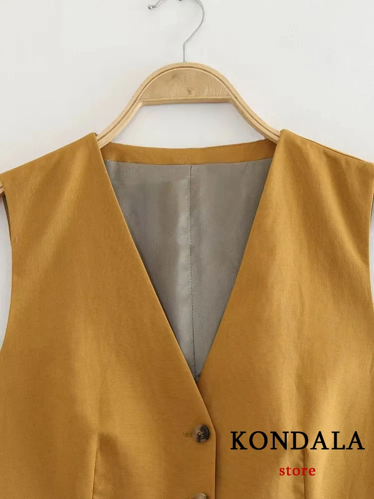 KONDALA-Top de colete fino amarelo monocromático com zíper para mulheres, saia longa, streetwear chique, casual e elegante, colete de botão, verão 2023