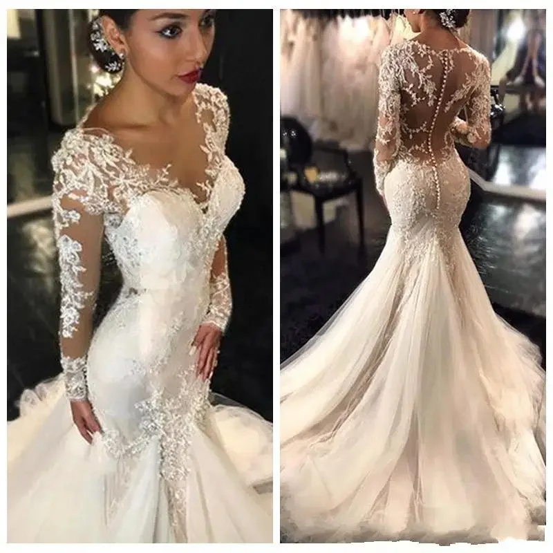 Customized Lace Mermaid Wedding Dresses Dubai African Arabic Style Petite Long Sleeves Natural Mermaid Bridal Gowns Plus Size