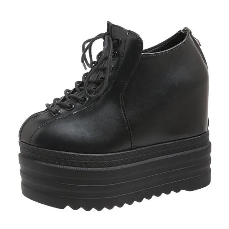 جديد فاسق نمط أسافين حذاء بوت بطول الكاحل الأسود المطاط وحيد أحذية النساء جلد الخريف مثير سيدة الارتفاع زيادة منصة الكعوب حذاء رياضة