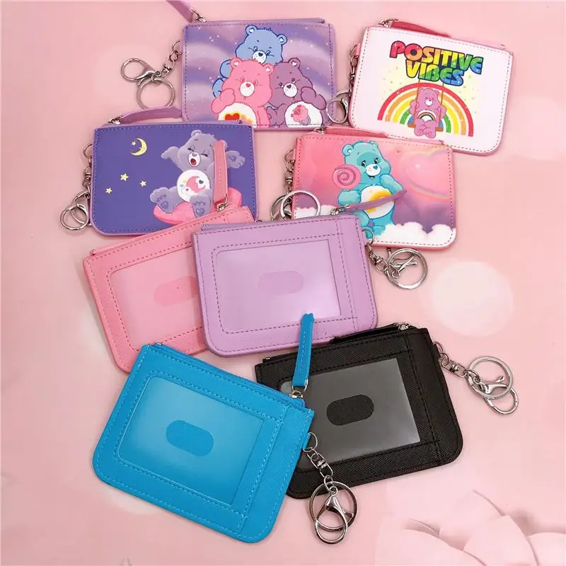 Kawaii Cute Care Bears Card Holder Zero Wallet Cartoon Pu Card Sleeve Chest Badge Cover Key Ring Student Bus Card Bag Girls Gift