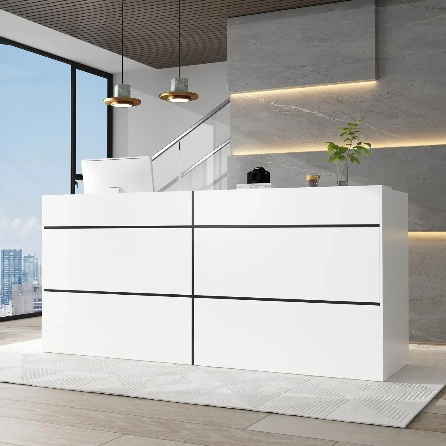 Extra Long Reception Desk with Drawer Modern Pattern Office Desk Reception Counter Table 2 Person White 86.6”L x 23.6”D x 39.3”H