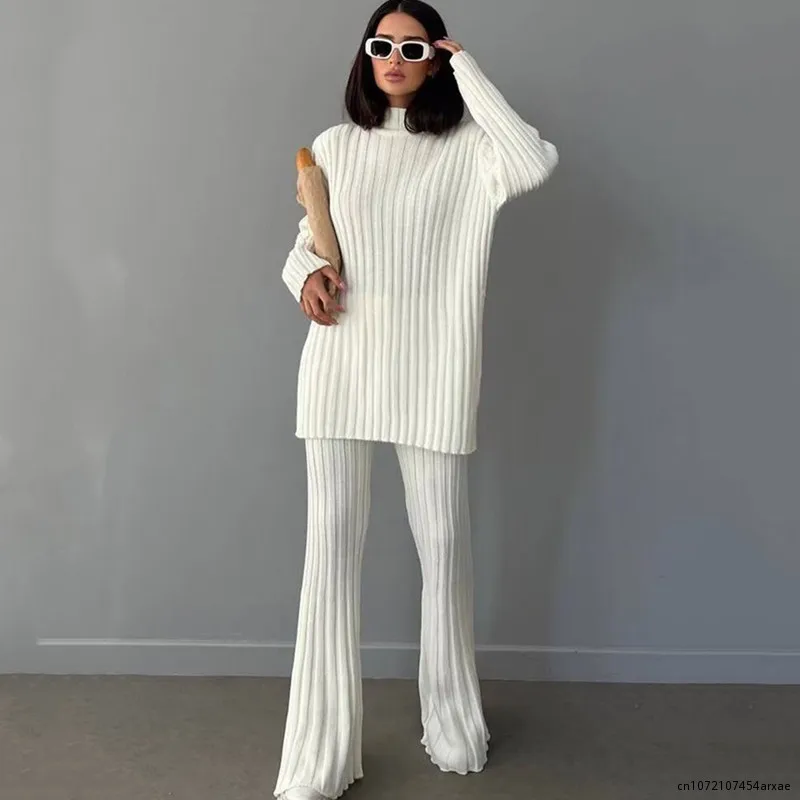 2023 Green Knitted Pullovers Winter Pants Suit Sweater Two Pieces Set Solid Knit Shoulder Pad Top Fashion Casual Autumn Homewear