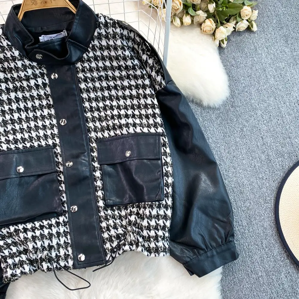 Faionable Plaid ort Stand Collar PU cuero empalme Jaet mujer Otoño Invierno béisbol Sle Casual rompevientos moda