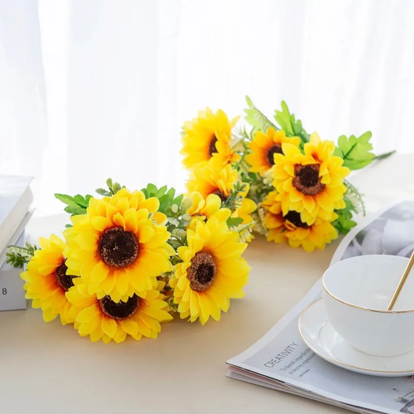7 künstliche Blumenköpfe aus Seide, Sonnenblume, Hochzeits-Brautstrauß, Festdekoration, Heimdekoration, Garten, Wanddekoration, DIY-Geschenk – Detail 5