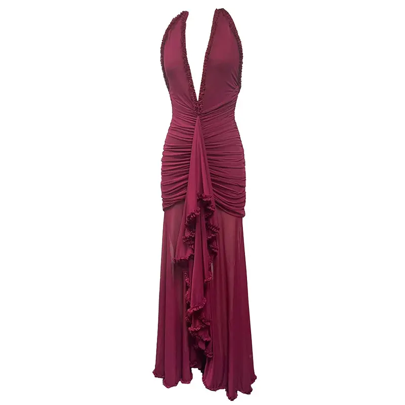 GACVGA Elegantes Neckholder-Kleid mit tiefem V-Ausschnitt, sexy Maxikleid für Damen, modisch, ärmellos, rückenfrei, gerüscht, für Abend, Club, Party, langes Kleid